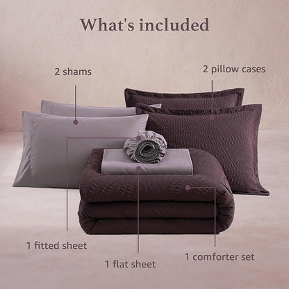 Geniospin King Comforter Set - 7 Pieces Purple Bedding Set, Botanical Textured Comforter Set, All Season Comfortable Bed in a Bag with Comforter, Sheets, Pillowcases & Shams
