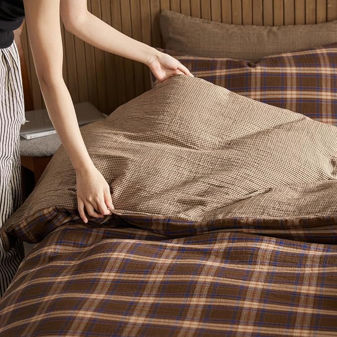EAVD Vintage Gingham Comforter Set King Brown Blue Red Grid Checked Bedding Set Soft 100% Muslin Cotton Retro Brown Plaid Comforter Set with 2 Pillowcases Farmhouse Plaid Bedding Set for All-Season