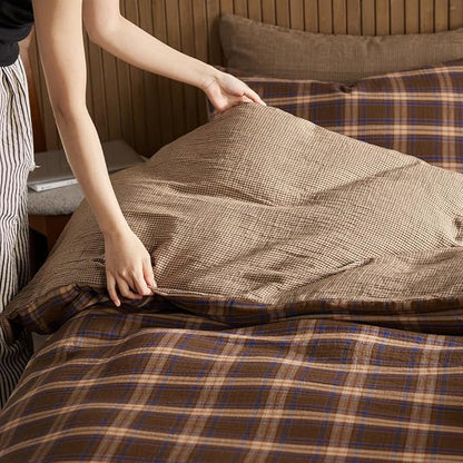 EAVD Vintage Gingham Comforter Set King Brown Blue Red Grid Checked Bedding Set Soft 100% Muslin Cotton Retro Brown Plaid Comforter Set with 2 Pillowcases Farmhouse Plaid Bedding Set for All-Season