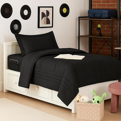 Dorm Room Essentials Twin XL Comforter Set Bedding – College-Ready Bundle with Comforter, Mattress Protector & Sheets with Pockets on the Side & Built-in Corner Strap – Media Pocket for Device