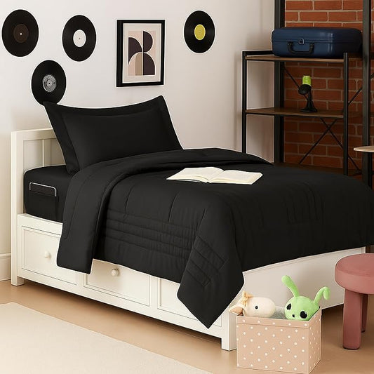 Twin Size Comforter Set Quilted Stripe Bedding Bundle – Comforter, Mattress Protector, Sheets with Pockets on the Side & Built-in Corner Strap – Fitted Sheet Media Pocket for Devices, Black
