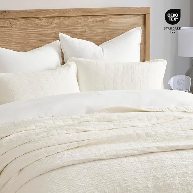 EVERGRACEHOME Stonewashed Cotton Quilt Set King Size, Ultra Soft Oversized Bedspread Coverlet Set, Lightweight Crinkle Box Stitch Bedding Sets for All Season, with 2 Shams, Ivory White