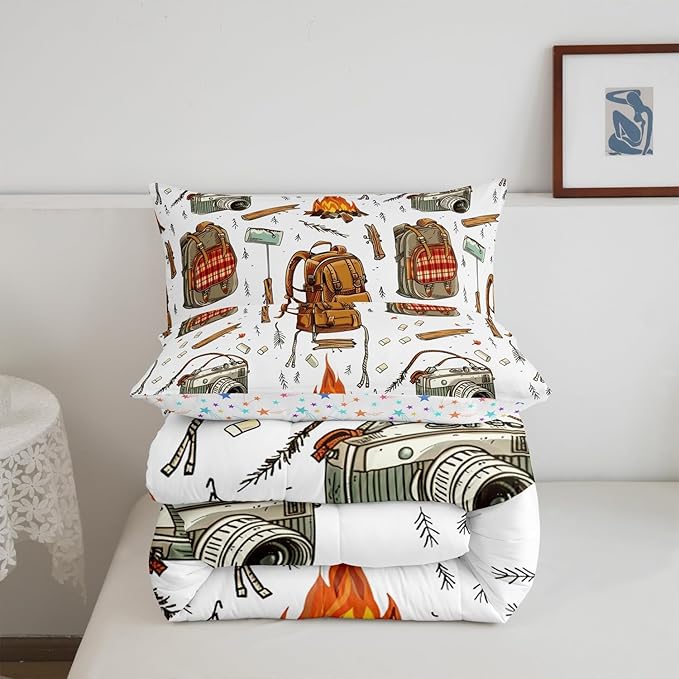 Feelyou Camping Comforter Set Queen Size Camper Comforter Accessories for Travel Trailers Bedding Set Camping Backpack Print Duvet Set Room Decor Jade White Quilt Set