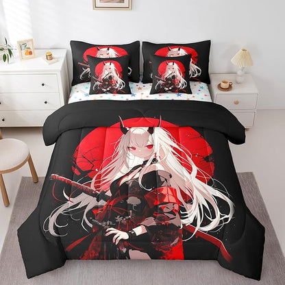 Erosebridal Full Japanese Anime 7 Piece Comforter Set for Kids, Anime Girl Bed in A Bag Kawaii Japanese Style Bedding Set Cartoon Japan Animation Bed Set for Boys Teen Adult Women Bedroom
