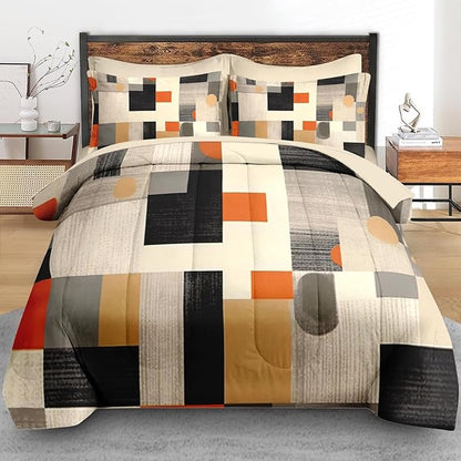 Comforter Set Full Size, Geometric Painting Contemporary 7 Pcs Bedding for Kids and Adults, Orange Gray Bed Sheet Sets with Fitted Sheet 2 Pillowcase & 2 Sham for Bedroom Bed Decor