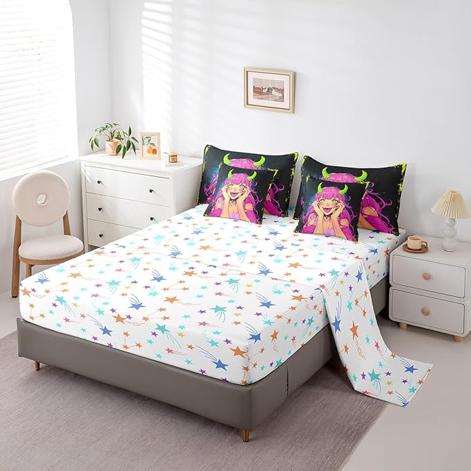 Erosebridal Anime Girl Bedding Set Queen Size 7 Piece Bed in A Bag, Japanese Anime Comforter Set for Kids Boys Teens Bedroom Decor, Cartoon Girl Sheet Set Kawaii Japanese Animation Bed Set