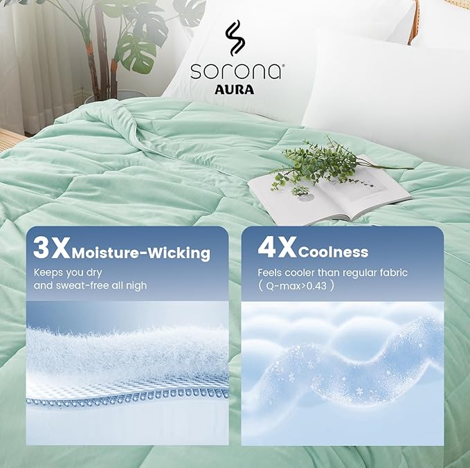 Amélie Home Cooling Comforter Queen Size, Dual-Sided Lightweight Cooling Blanket for Hot Sleepers, Q-Max 0.43 Breathable Cooling Quilt for Night Sweats, 90" x 90", Heather Mint Green