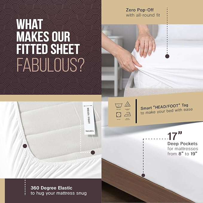 TEXAS LINEN CO. 100% Egyptian Cotton Sheets Queen Size - 2000 Series Luxury Queen Bed Sheet Set, Silky Soft Cooling Sateen Weave, 17” Extra Deep Pocket Hotel Collection Sheets (4 Pc, White)