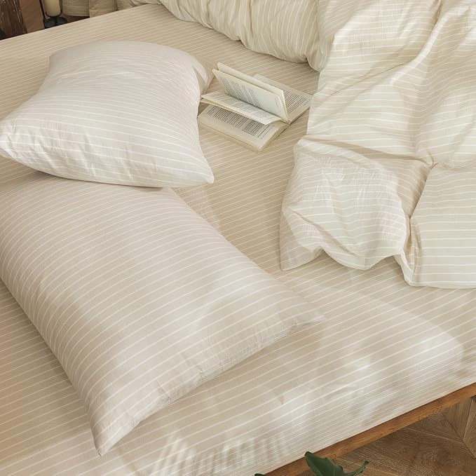 MooMee Bedding Pillowcases Striped Pack of 2 100% Washed Cotton Linen Like Textured Breathable Durable Soft Comfy (Almond Milk Grey White Wide Stripes, Queen)