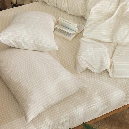 MooMee Bedding Pillowcases Striped Pack of 2 100% Washed Cotton Linen Like Textured Breathable Durable Soft Comfy (Almond Milk Grey White Wide Stripes, Queen)