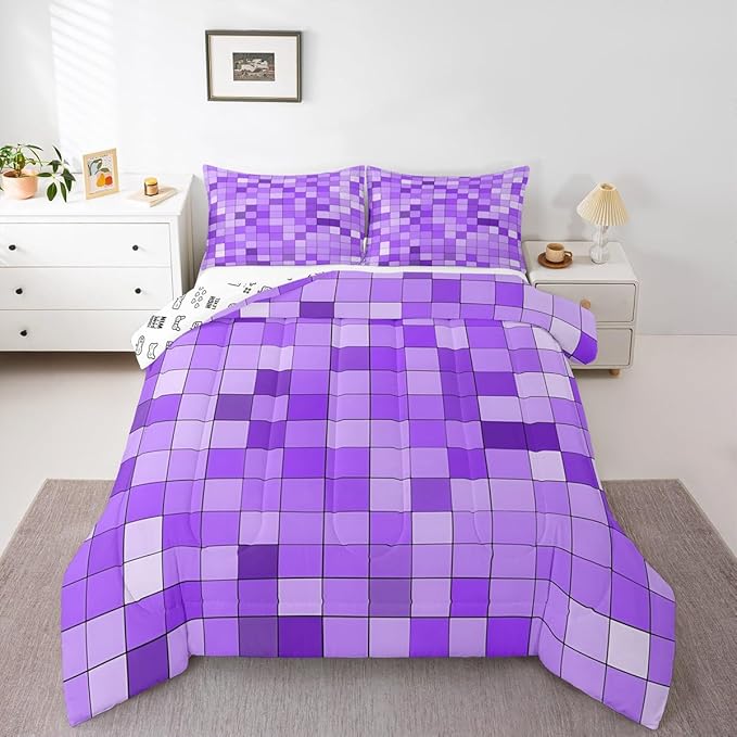 Pixelated Blocks Miners Kids Bedding Set King Size,Video Games Game Gamepad Comforter Set,Geometric Grid Patchwork Quilt Comforter,Purple Bedroom Duvet Insert,2 Pillowcases