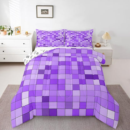 Pixelated Blocks Miners Kids Bedding Set King Size,Video Games Game Gamepad Comforter Set,Geometric Grid Patchwork Quilt Comforter,Purple Bedroom Duvet Insert,2 Pillowcases