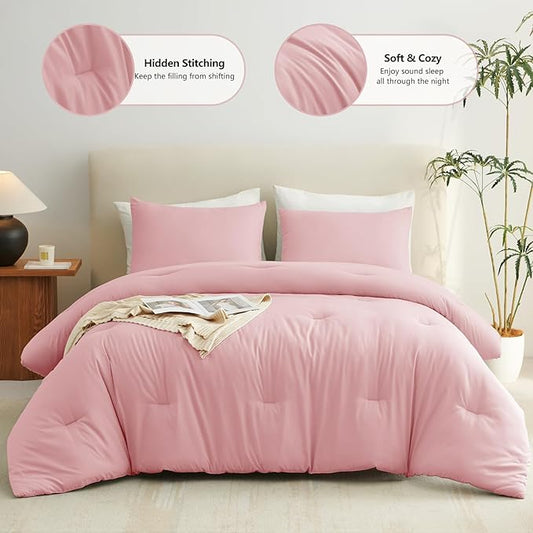 CozyLux Queen Comforter Set Pink, 3 Pieces Solid Comforters Queen Size Breathable Quilted Bedding Sets, Luxury Soft Lightweight Bed Set with Down Alternative Comforter and 2 Pillowcases All Seasons