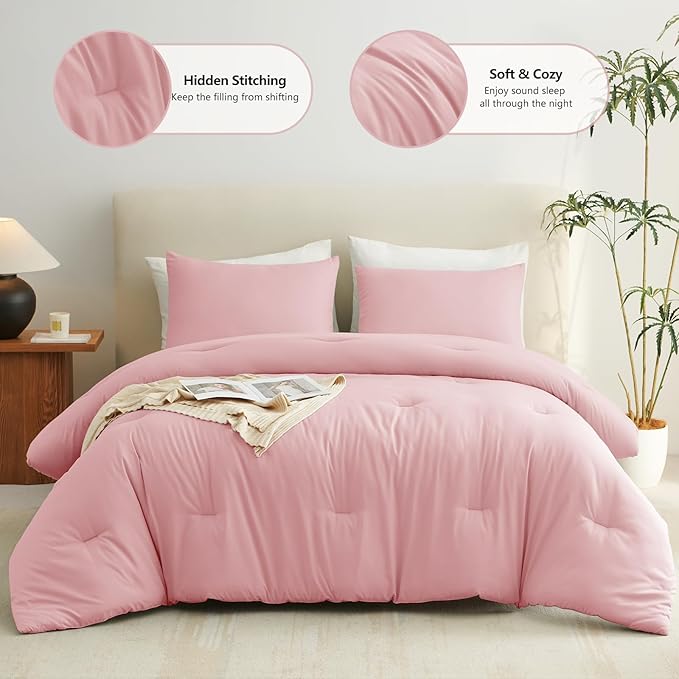 CozyLux King Size Comforter Set Pink, 3 Pieces Solid Comforters King Size Breathable Quilted Bedding Sets, Luxury Soft Lightweight Bed Set with Down Alternative Comforter and 2 Pillowcases All Season