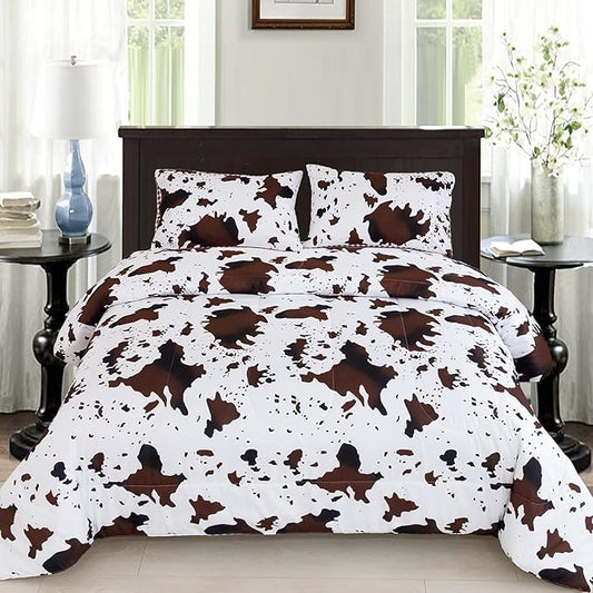 PERFEMET 3 Pieces Boys Twin Comforter Set, Brown White Cow Print Kids Bedding Set with Pillowcases, Geometric Reversible Western Style Bed Set for Teen Boy (Brown White, Twin)