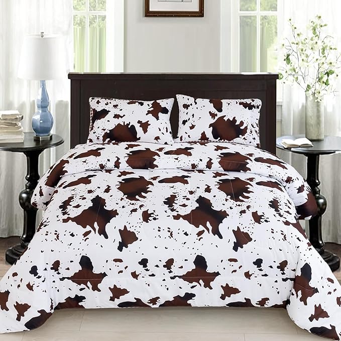 PERFEMET Cow Print Boys Comforter Full Size 3 Pieces - (1 Comforter & 2 Pillowcases), Cowhide Western Bedding Set for Kids Girls, Reversible Plaid Teen Boy Bed Set (Brown White, Full)