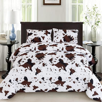 PERFEMET Cow Print Boys Comforter Full Size 3 Pieces - (1 Comforter & 2 Pillowcases), Cowhide Western Bedding Set for Kids Girls, Reversible Plaid Teen Boy Bed Set (Brown White, Full)
