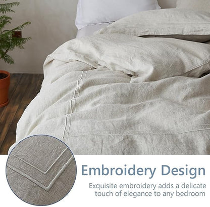 Simple&Opulence 100% Washed Linen Duvet Cover Set 104"x92" - 3 Pieces Soft Farmhouse Comforter Set Double Embroidered with Button Closure - 1 Duvet Cover and 2 Pillowshams (Linen, King)