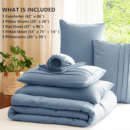 CozyLux Full Size Comforter Set Grayish Blue, 7 Pieces Soft Pinch Pleat Bed in a Bag Full Comforter Set with Sheets, Boho Bed Set with Down Alternative Comforter, Sheets, Pillowcases & Shams
