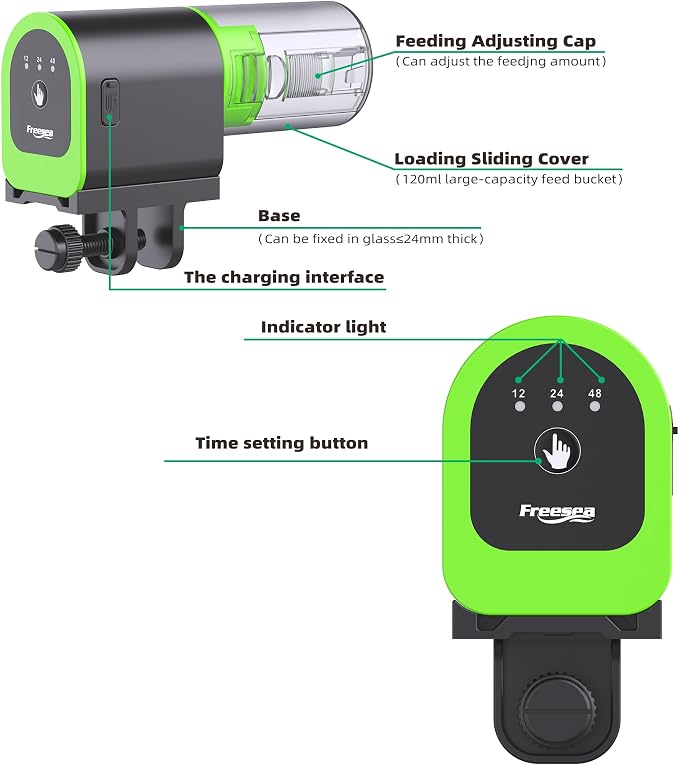 FREESEA Automatic Fish Feeder for Aquarium: Small Vacation Betta Feeder | 100ml USB Rechargeable Auto Fish Food Dispenser with Timer for Small Tank