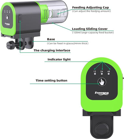 FREESEA Automatic Fish Feeder for Aquarium: Small Vacation Betta Feeder | 100ml USB Rechargeable Auto Fish Food Dispenser with Timer for Small Tank