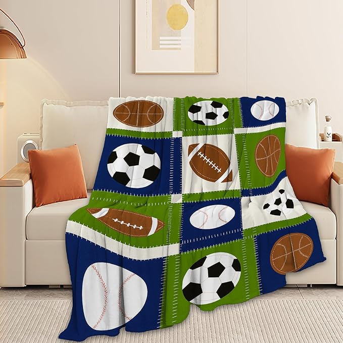 Ball Blanket Super Soft Warm Fluffy Fleece Flannel Baseball Basketball Soccer Football Sports Throw Blanket Cozy Fuzzy Plush Stuff Bedding Blankets Gifts for Teens Boys Kids Girls Adults 50"X40"