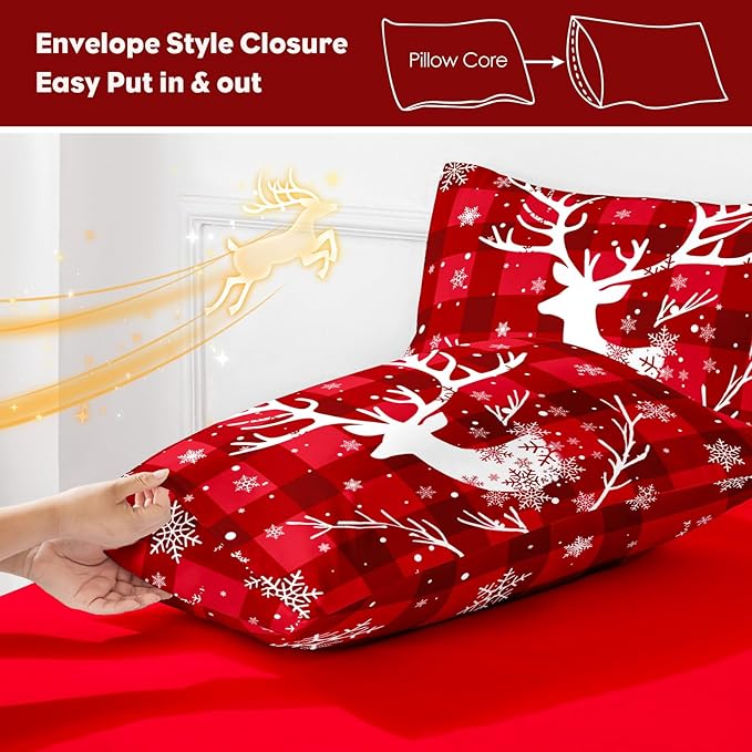YIYEA Christmas King Size Pillow Cases Set of 4, Ultra Soft Double Brushed Microfiber Red Pillowcases and Christmas Pillow Covers, Envelope Closure, Fade Resistant (20"x36")