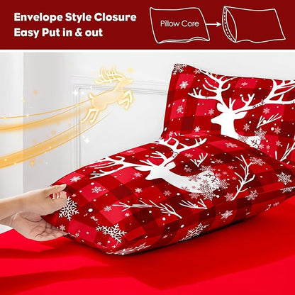 YIYEA Christmas King Size Pillow Cases Set of 4, Ultra Soft Double Brushed Microfiber Red Pillowcases and Christmas Pillow Covers, Envelope Closure, Fade Resistant (20"x36")