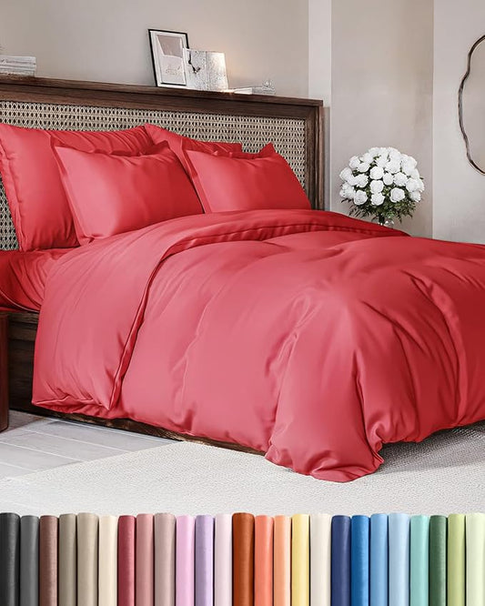 Duvet Cover Queen Size Set - Extra Soft Queen Duvet Cover 90" x 90" with 2 Pillow Shams - Hotel Luxury, Easy Care and Fade Free w/ Zipper Closures & Ties - All Season, Comfy, Cozy & Breathable (Red)