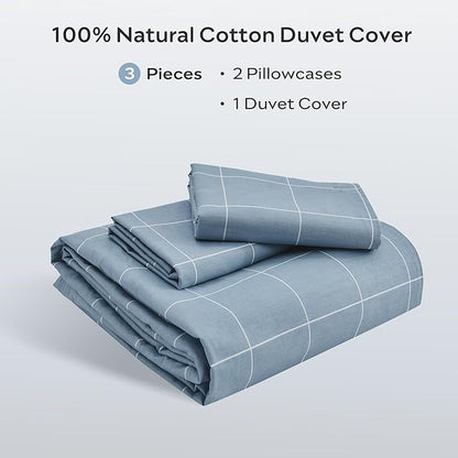 JELLYMONI 100% Natural Cotton 3pcs Plaid Duvet Cover Sets, Checkered Full Comforter Cover, 1 Duvet Cover and 2 Pillow Cases with Zipper Closure & Corner Ties, Grayish Blue