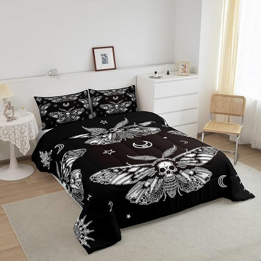 Feelyou Boys Boho Moth Comforter Set Twin Size Men Gothic Skull Bedding Set for Girls Women Bedroom Decor Bohemian Moon Star Comforter Personalized Moth Skull Skeleton Bones Duvet Set Teens Quilt Set