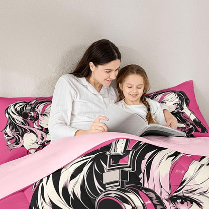 Erosebridal Pink Anime Girls Bedding Cartoon Japanes-Style Comforter Set Full, Graffiti Street Culture Bed Comforter Set for Kids Teens Youth Watercolor Hippie Style Duvet Set 3Pcs
