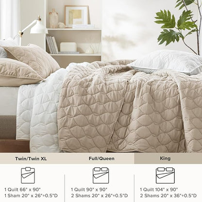 Comfort Spaces King Quilt Set Modern Reversible Ogee Coverlet King Bedding Set Cozy Quilted Winter Layer, All Season Lightweight Soft King Size Quilt, Kienna, Cal King Beige 3 Piece
