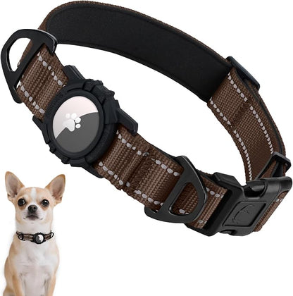 Taglory AirTag Dog Collar with Waterproof Holder for Puppy, Brown, XS | Reflective for Night Walks & Low-Light Safety, Track Your Pup Peace of Mind, Adjustable Soft Padded, No More Dangling Tags