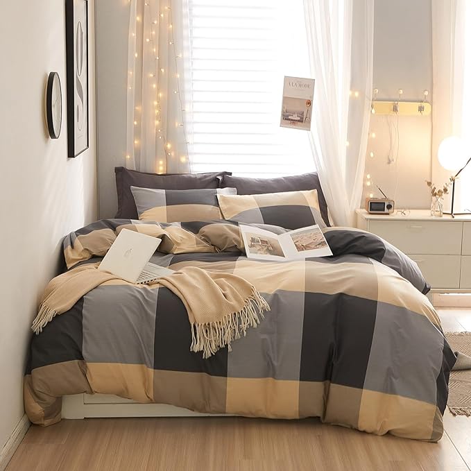 EAVD Twin XL Comforter Set Boys Beige Khaki Black Grid Plaid Comforter Set Soft Microfiber Modern Checkered Bedding Set with 2 Pillowcases Reversible Geometric Comforter Set for All-Season