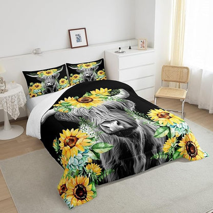 Feelyou Highland Cow Bedding Set Kids Sunflower Floral Western Cow Bull Comforter Set for Girls Teens Farmhouse Wildlife Animal Comforter Black Duvet Set Room Decor Quilt Set King Size