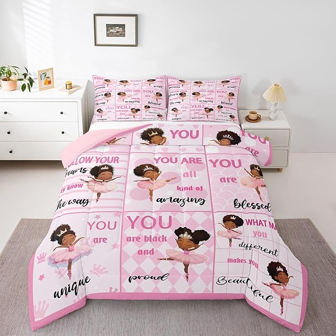 Castle Fairy Kawaii Girly Ballet Comforter Set King Size American Style Princess Bedding Set Bedroom Decor Motivational Quotes Quilt Set for Kids Girls Pink Artistic Dancer Duvet Insert 3Pcs