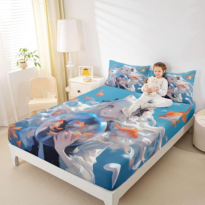 Japanese Girl Fitted Twin 2Pcs Anime Printed Design Bedding Sets, Kawaii Girls Boys Decorations Sheets (No Top Sheet)
