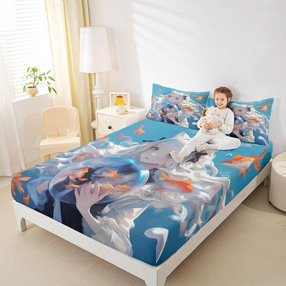 Japanese Girl Fitted Sheet 3D Kawaii Anime Printed Design Bed Sheets for Kids Girls Boys Gifts Bedding Sets, Cartoon Decorations Sheets Queen 3Pcs (No Top Sheet)