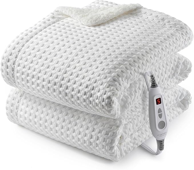 CAROMIO Heated Blanket Throw, Waffle Weave Electric Throw Blanket Fast Heating with LCD Controller, 6 Heat Levels & 4 Hour Auto Shut Off, ETL Certified, Machine Washable, Off White, 50" x 60"