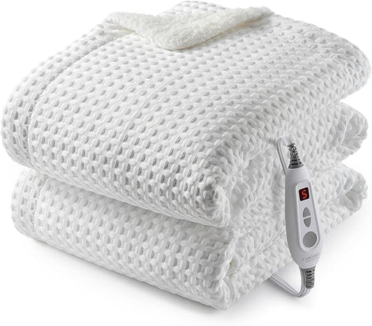 CAROMIO Heated Blanket Throw, Waffle Weave Electric Throw Blanket Fast Heating with LCD Controller, 6 Heat Levels & 4 Hour Auto Shut Off, ETL Certified, Machine Washable, Off White, 50" x 60"