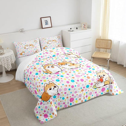 Castle Fairy Kawaii Dogs Comforter Set King,Colorful Polka Dots Bedding Set for Boys Girls Teens Bedroom Decor,Cartoon Puppies Cute Pet Theme Quilt Set Super Soft Duvet Set,Gift for Her Him