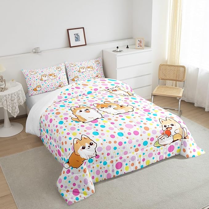 Castle Fairy Kawaii Dogs Queen Size Comforter Set,Colorful Polka Dots Down Alternative Comforter Adults Bedroom Decor,Cartoon Puppies Cute Pet Theme Ultra Soft Microfiber Inner Fill 3Pcs Bedding