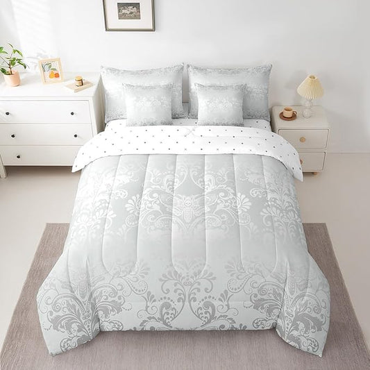 Erosebridal Gothic Damask Bed in a Bag King Size Comforter Set 7 Pieces,Exotic Moth Bedding Sets Silver White Victorian Floral Goth Sheet Set with Comforter
