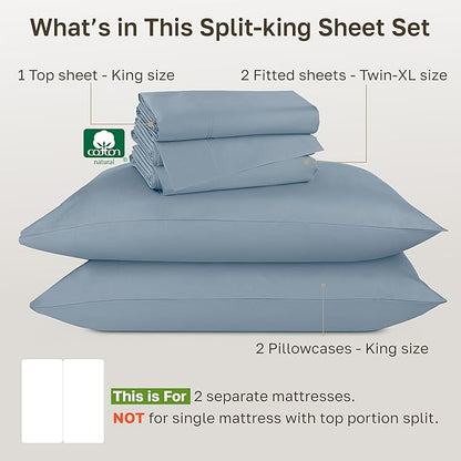California Design Den Split King Sheets Sets for Adjustable Bed - Buttery Soft 800 Thread Count 100% Cotton Set, Sateen Bedding Set with Durable Twin XL Fitted Sheets - Blue