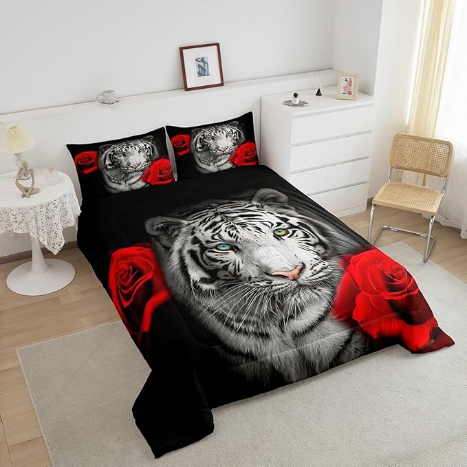 Castle Fairy Tiger Flower Bedding Set King Size 3D Africa Tiger Animal Comforter Set for Kids Teens Room Decor Red Rose Floral Duvet Insert Tiger Wildlife Down Comforter Set,3Pcs