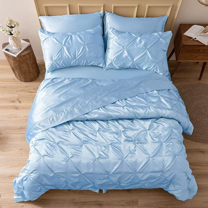 MR&HM Satin Comforter King 7 Pieces - Luxurious Pinch Pleat Bedding Set with Comforter, Flat Sheet, Fitted Sheet, Pillowcases & Shams, Super Silky Soft Bed Set for All Season (King, Light Blue)