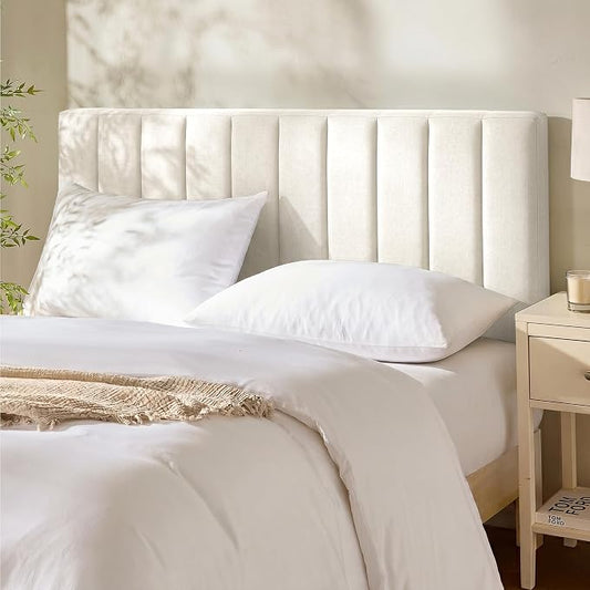 Hearth & Harbor Wall Mounted Full Headboard Only, Bed Headboard Full Size | Easy Assemble, Floating Peel & Stick, Upholstered Channel Stitched, 3D Wall Panels, 5 Strips of 3M Tape Included, Off White
