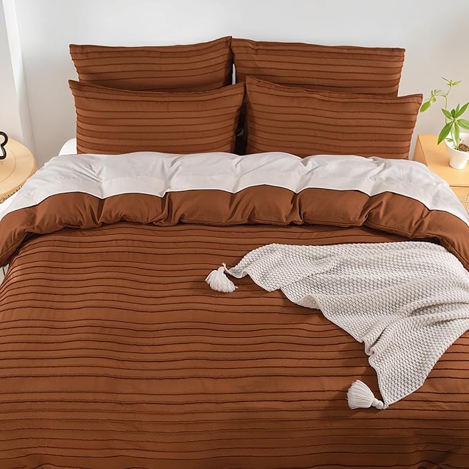 NEXHOME PRO Duvet Cover King,Brunt Orange 3 Pieces Boho Tufted Duvet Cover Set, Soft and Lightweight 100% Washed Microfiber Comforter Cover Set for All Season(Brunt Orange King, 104 x 90)-No Comforter