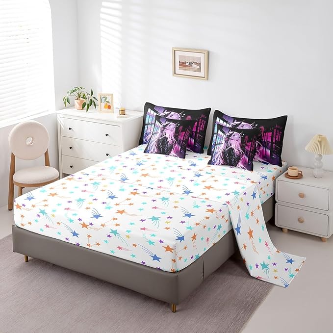 Erosebridal Japanese Anime 7 Piece Comforter Set Queen Size, Anime Girl Bed in A Bag Kawaii Japanese Style Bedding Set Cartoon Japan Animation Bed Set for Boys Teens Adult Women Bedroom Decor